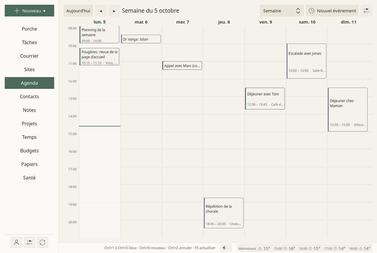 L’Agenda sur « Semaine » : en haut, Aujourd’hui, deux flèches et « Semaine du 5 octobre », le choix de la vue, et Nouvel événement ; en dessous, sept colonnes de jours à partir du lundi, les événements placés à leur heure, et une fine ligne qui marque l’heure actuelle.