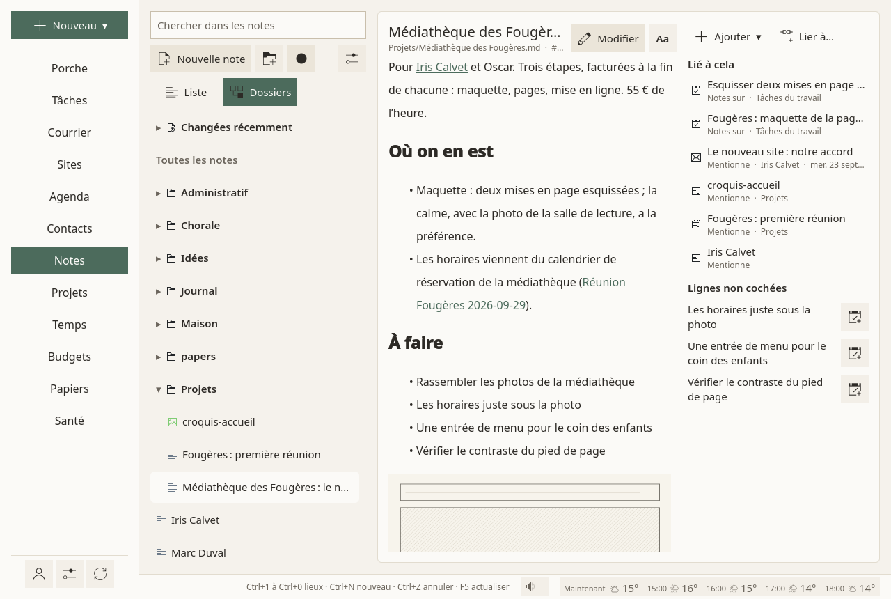 La page Notes : Nouvelle note et les autres boutons au-dessus de la liste de toutes les notes, chacune avec son dossier ; une note ouverte au milieu, son chemin et ses étiquettes sous son titre, son texte avec des liens et l’image d’un croquis ; à droite, ce qui lui est lié (des tâches, un courriel, d’autres notes) et ses lignes non cochées, chacune avec un bouton qui en fait une tâche.