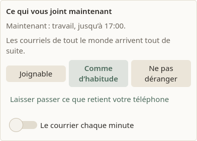 La carte Ce qui vous joint maintenant, sur un téléphone de 412 points de large : son titre ; « Maintenant : travail, jusqu’à 17:00. » ; « Les courriels de tout le monde arrivent tout de suite. » ; trois boutons côte à côte, Joignable, Comme d’habitude (l’état actuel, dans la couleur d’accent) et Ne pas déranger ; Laisser passer ce que retient votre téléphone ; l’interrupteur Le courrier chaque minute.