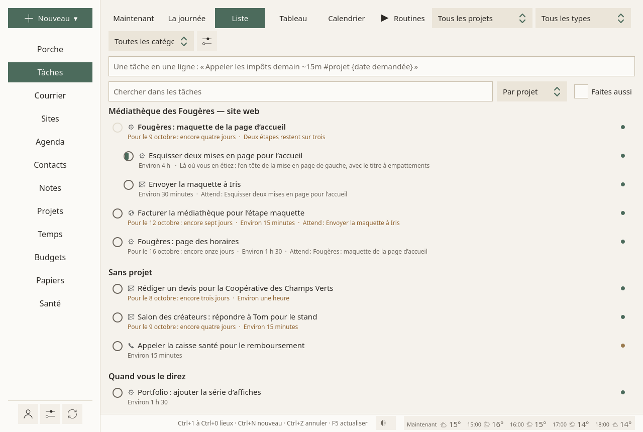 La Liste : un champ de recherche, « Par projet » et « Faites aussi » en haut ; les tâches groupées par projet, une tâche plus grande suivie de ses étapes, chacune avec le temps qu’elle prend, la date demandée en jours restants et ce qu’elle attend ; les tâches sans projet en dessous, et celles « Quand vous le direz » en dernier.
